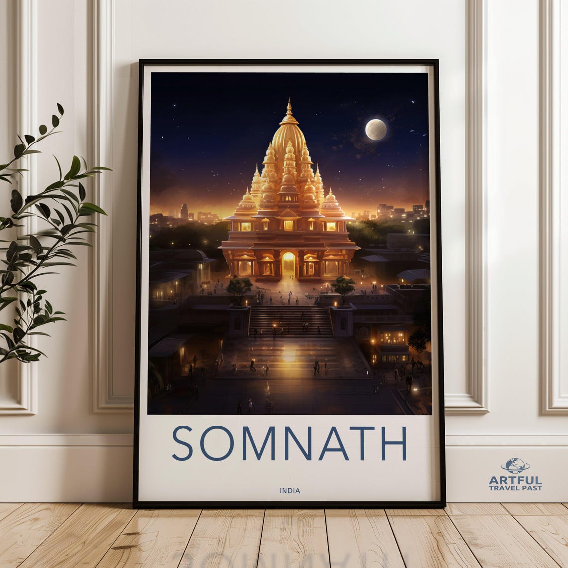 Somnath Temple India Night Illuminated Moonlit Landmark Art Poster