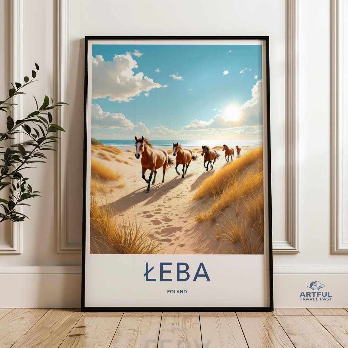 Leba Poland Wild Horses Galloping on Beach Dunes Travel Poster