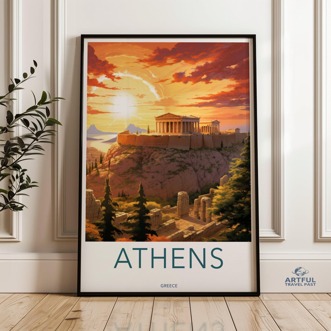 Athens Greece Acropolis Parthenon Sunset Vintage Travel Poster