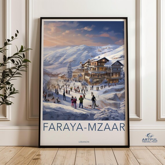 Faraya Mzaar Lebanon Ski Resort Travel Poster Snowy Mountains Sunset