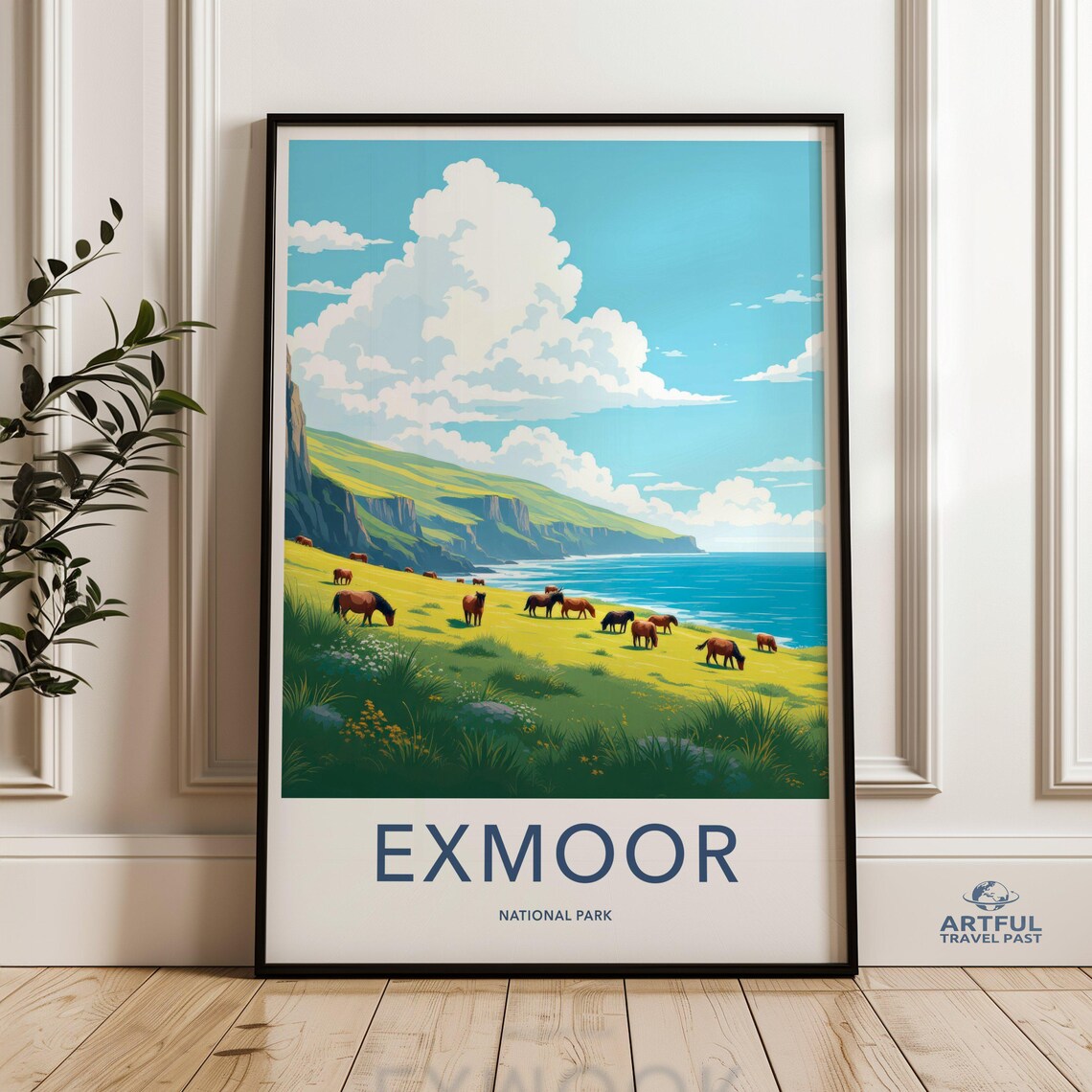 Exmoor National Park Horses Coastal Hills Retro Travel Poster