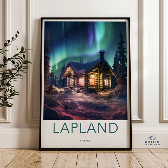 Lapland Finland Snowy Cabin Northern Lights Winter Travel Poster
