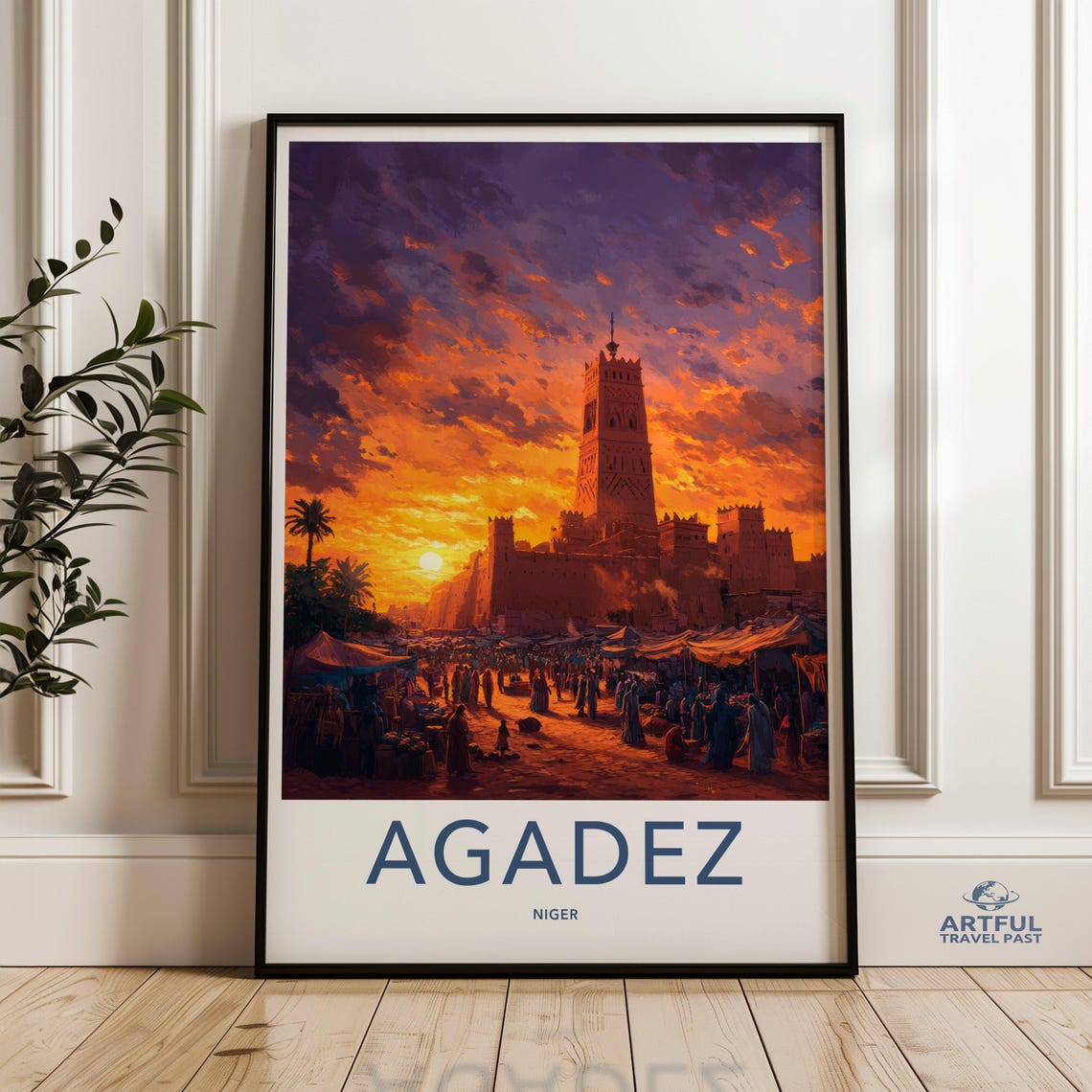 Ancient Agadez Niger Mud Brick Mosque Sunset Market Travel Poster