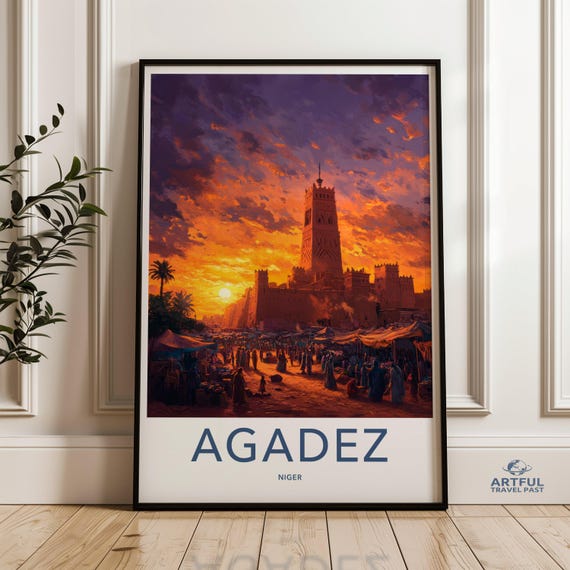 Agadez Niger Wall Art African Sunset Cityscape Print Exotic Architecture Poster Market Scene Travel Enthusiast Gift