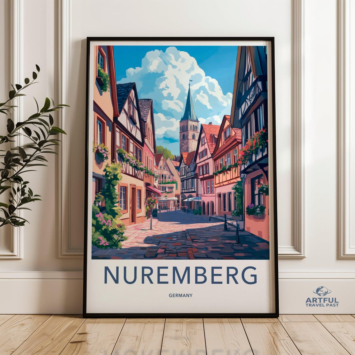 Nuremberg Germany Old Town Street Half Timbered Vintage Travel Poster