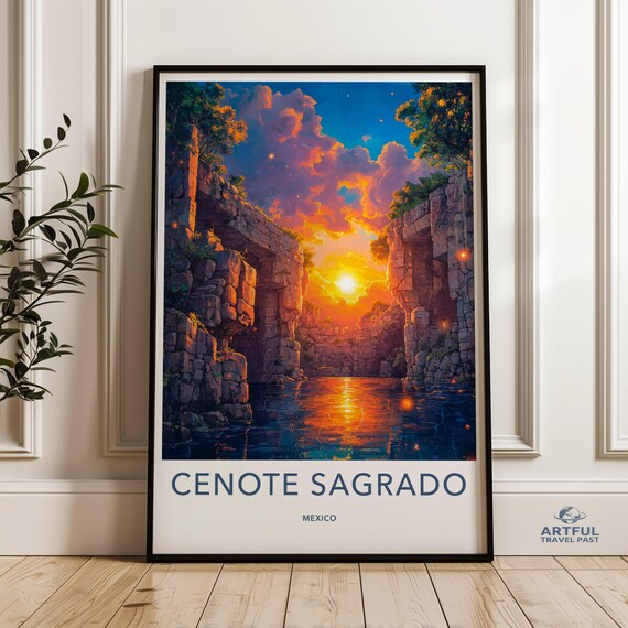 Cenote Sagrado Mexico Glowing Sunset Canyon Water Vintage Travel Poster