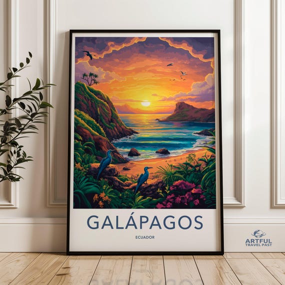 Galapagos Wall Art Elegant Sunset Ocean Scene Nature Illustration Decor Home Poster Print Gift For Lovers Ecotourism
