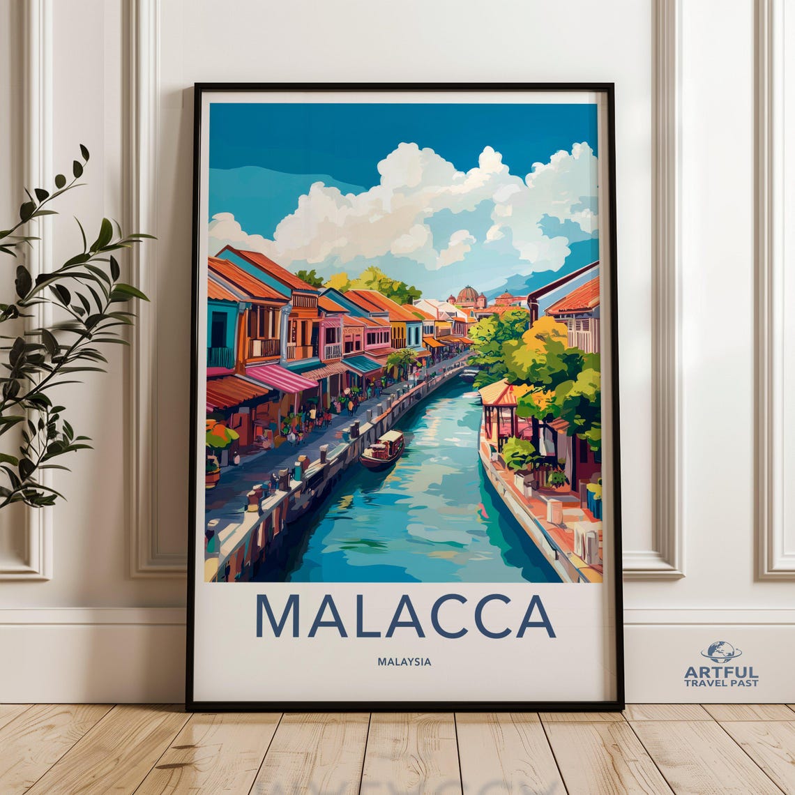 Malacca Malaysia Canal Street Vibrant Cityscape Travel Poster Art