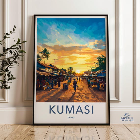 Colorful Kumasi African Evening Market Scene Ghana Sunset Wall Art Vibrant Street Life Print Home Decor