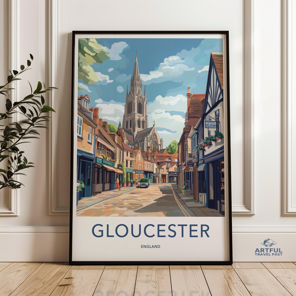Gloucester England Cathedral Street Vintage Travel Art Poster