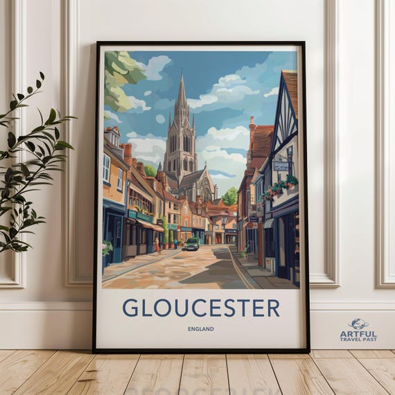 Gloucester Cityscape England Wall Art Historic Architecture Print Vibrant Colorful Poster Home Decor Travel Illustration