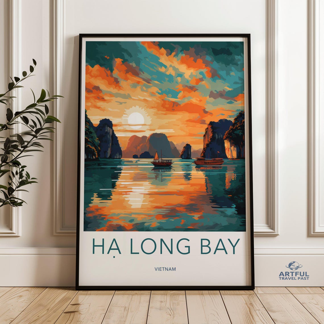 Ha Long Bay Vietnam Sunset Limestone Karsts Scenic Travel Poster