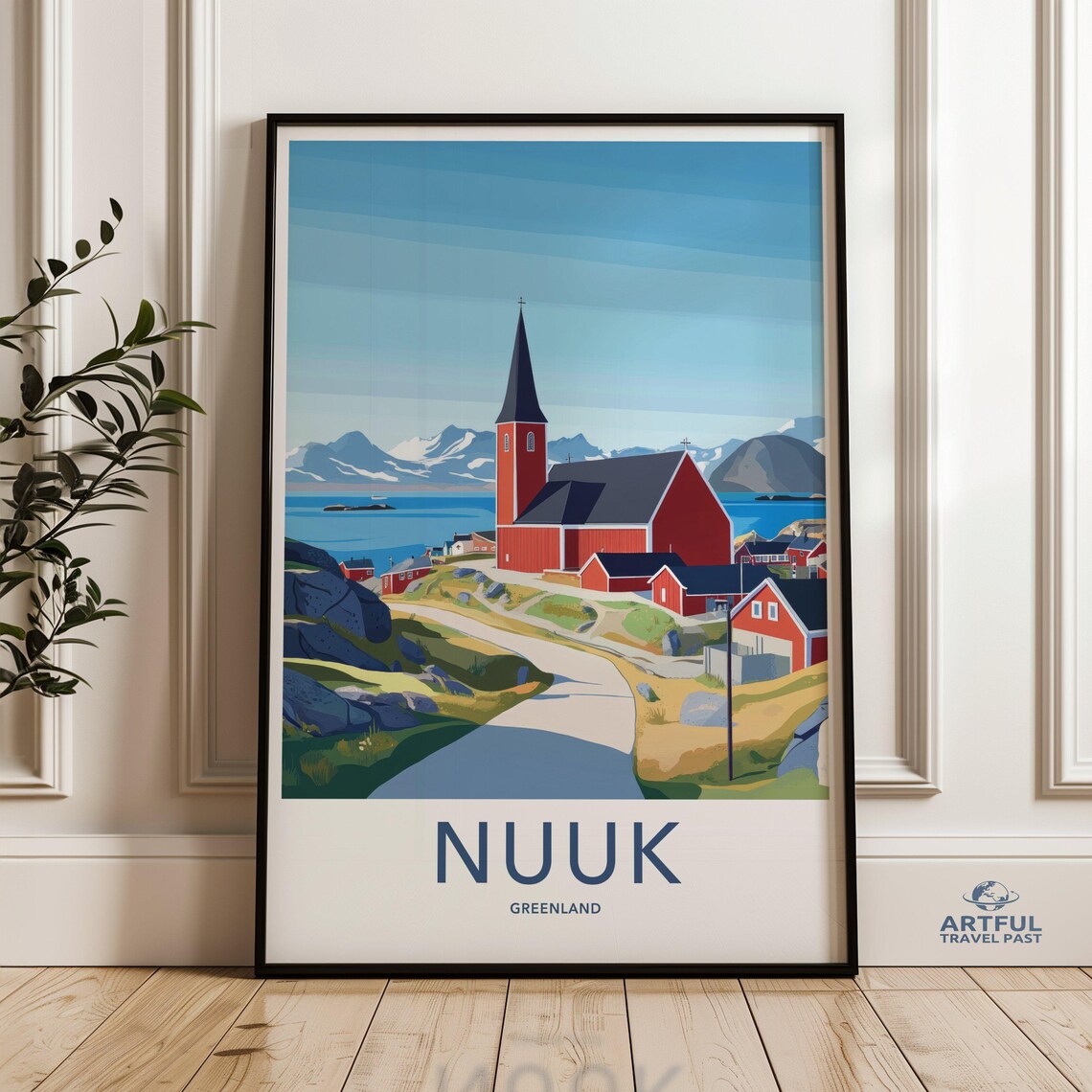 Nuuk Greenland Vintage Travel Poster Red Church Arctic Fjord Scene
