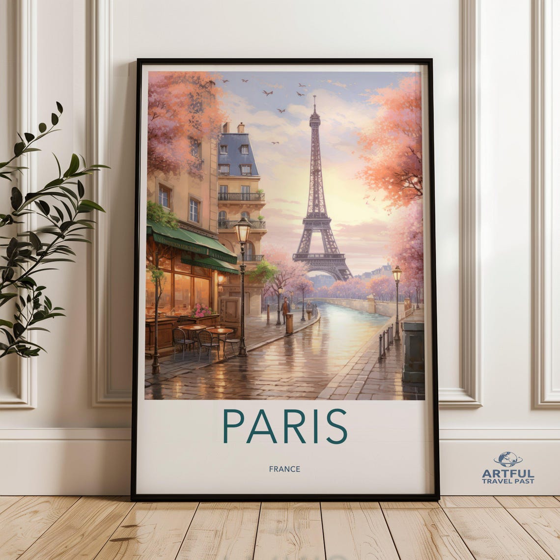 Paris France Eiffel Tower Cherry Blossom Cafe Seine Travel Poster