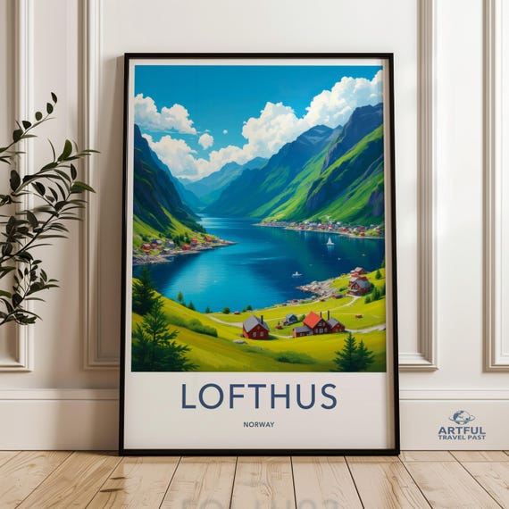 Norwegian Travel Poster Lofthus Norway Print Scenery Wall Art Scandinavian Decor Landscape Illustration Vibrant Artwork