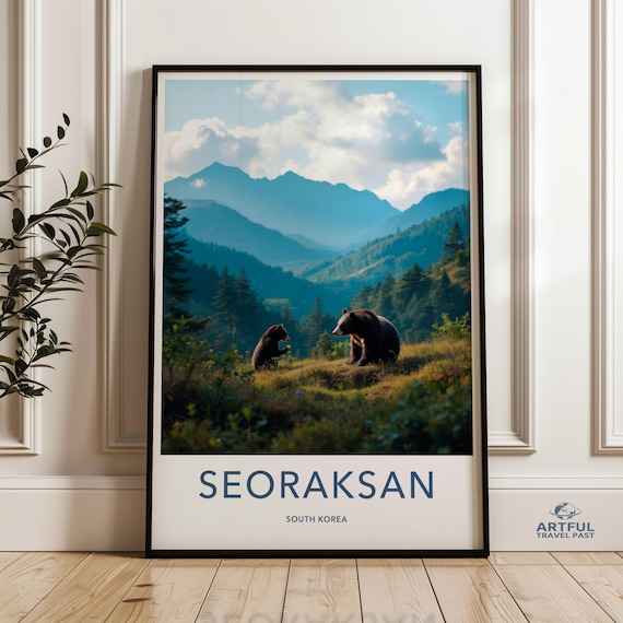Seoraksan South Korea Travel Poster Mountain Bears With Blue Peaks Artwork