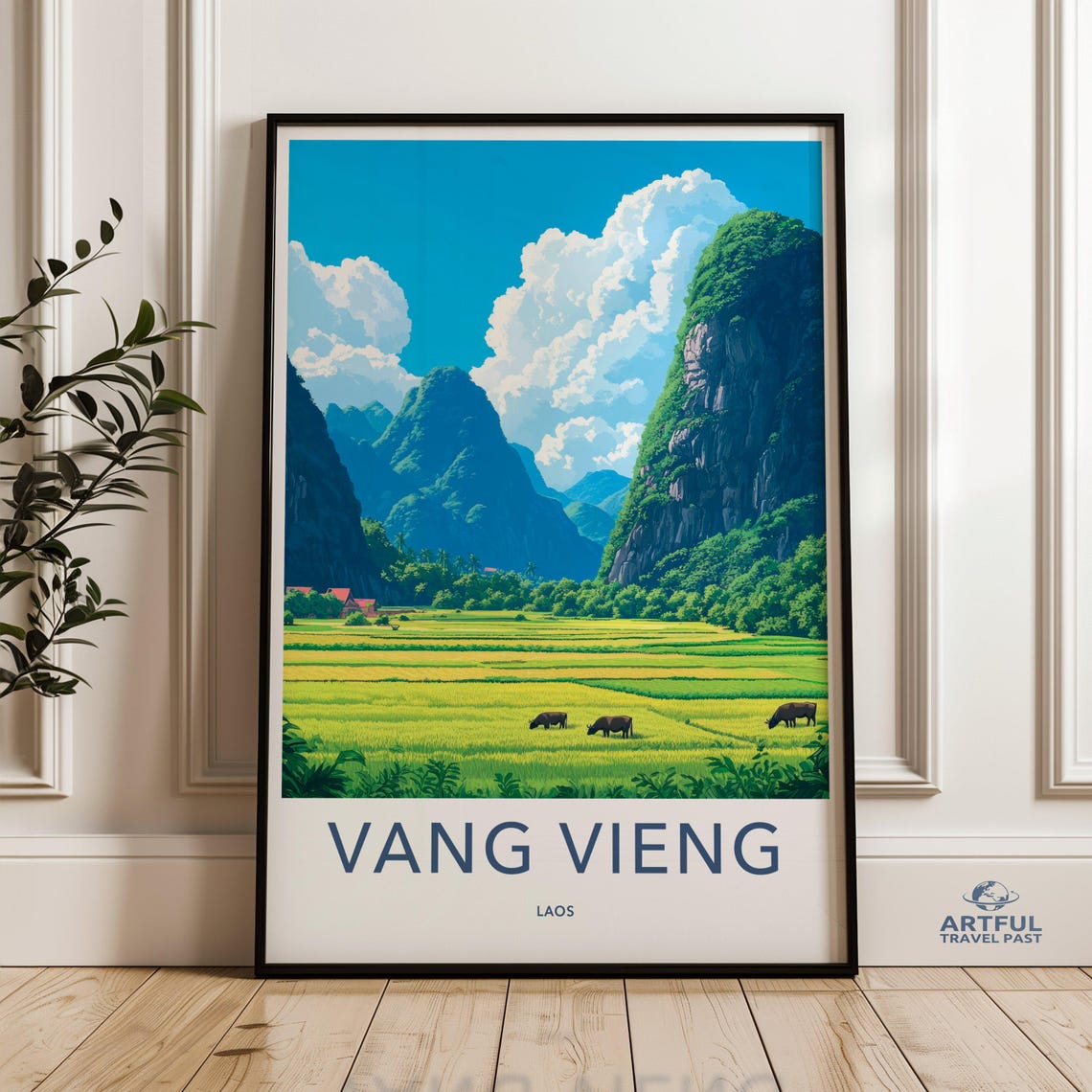 Vang Vieng Laos Rice Fields Karst Mountains Vintage Travel Poster
