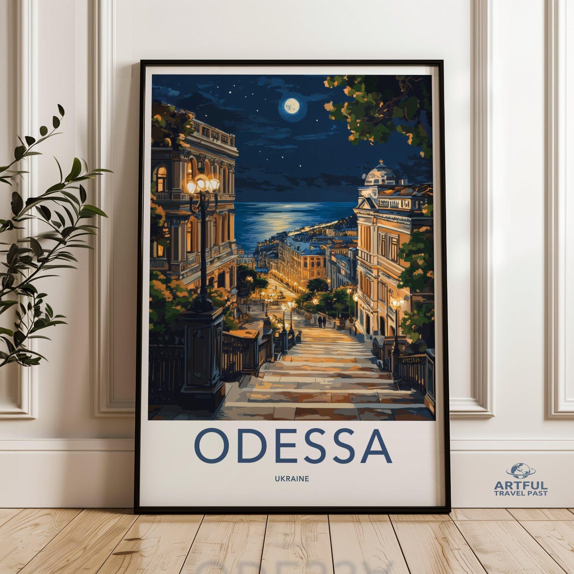 Odessa Ukraine Night Cityscape Moonlit Steps Sea View Travel Poster