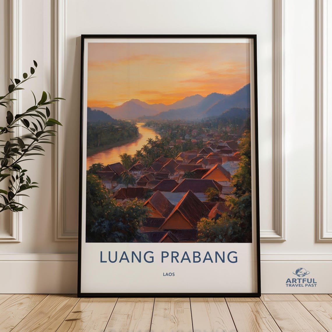 Luang Prabang Laos Sunset River Valley Painted Vintage Travel Poster