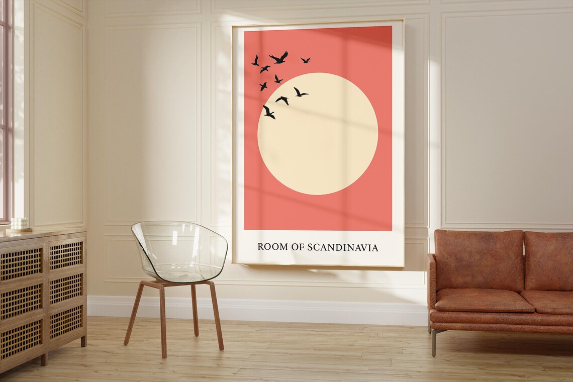 Japanese Art Print, Japandi Minimalist Red Sun And Birds - Image 2