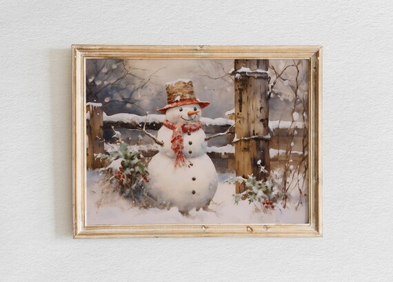 Snowman with Red Scarf and Top Hat Beside a Snowy Fence Poster