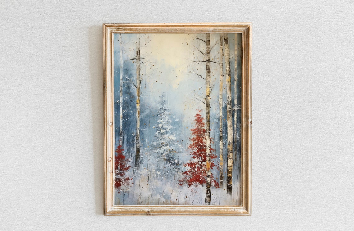 Tall White Birches in Icy Blue Mist with Crimson Red Shrubs Art Poster