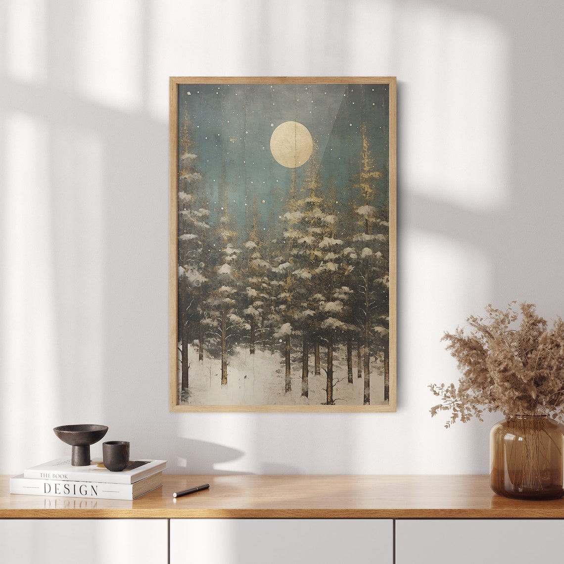 Moonlit Snowy Pine Forest Golden Moon Vintage Winter Night Poster - Image 2