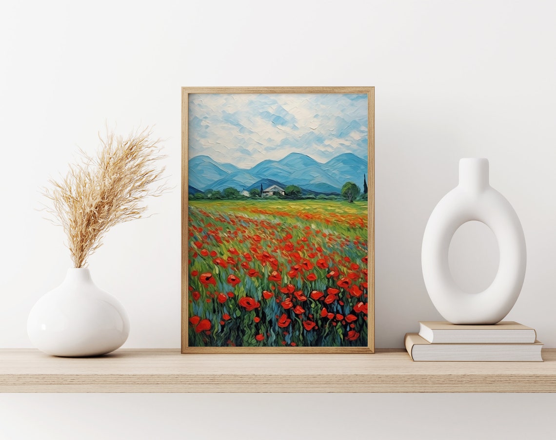 Red Poppy Field with Blue Mountains in Impasto Oil Painting Poster - Image 3