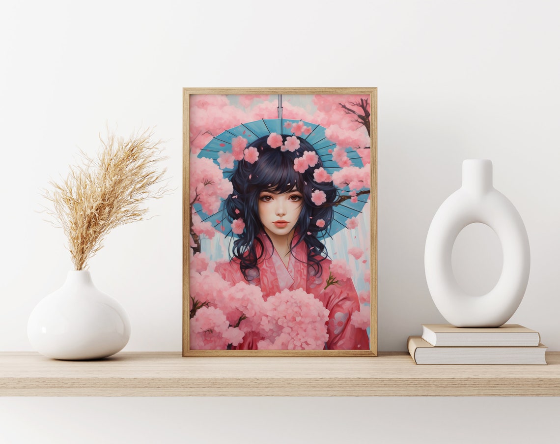 Anime Girl Holding a Blue Parasol Among Cherry Blossoms Poster - Image 3