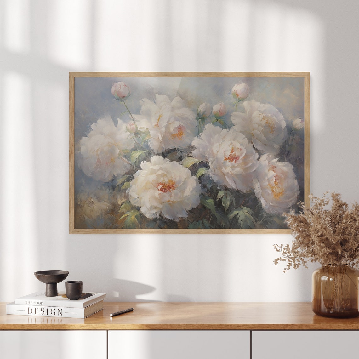 Lush White Peonies Blush Buds Dreamy Floral Oil Painting Poster - Image 3