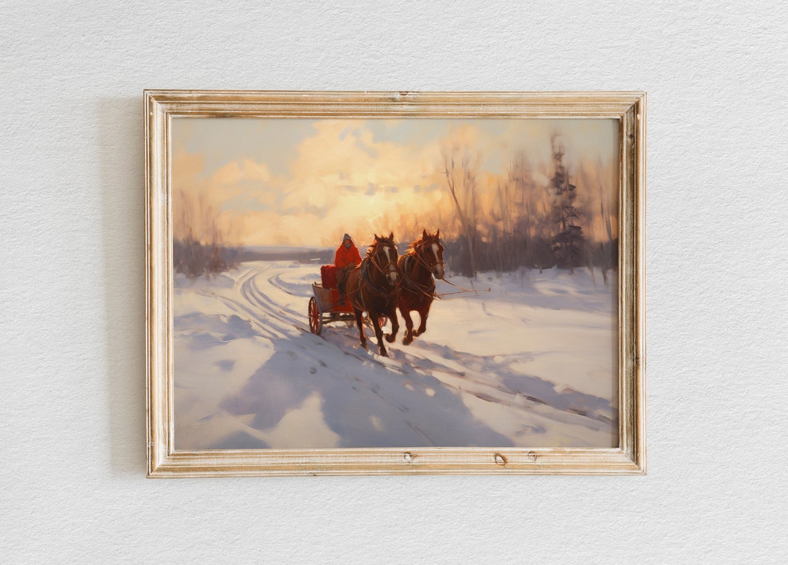 Two Horses Pulling Wagon on Snow Covered Road at Golden Sunset Poster