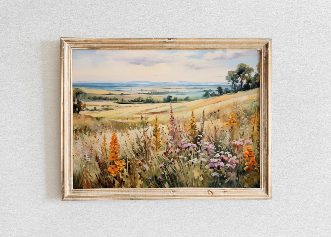 Golden Autumn Meadow Wildflowers Distant Valley Landscape Poster
