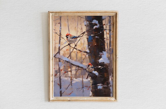 Two Songbirds Perched on Snowy Branches in Glowing Winter Forest Poster