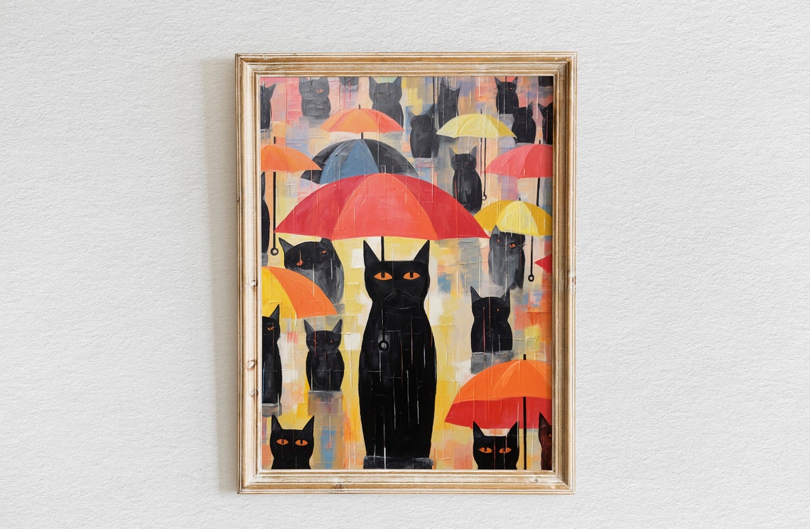 Black Cats Sheltering Under Colorful Umbrellas in Rain Art Print