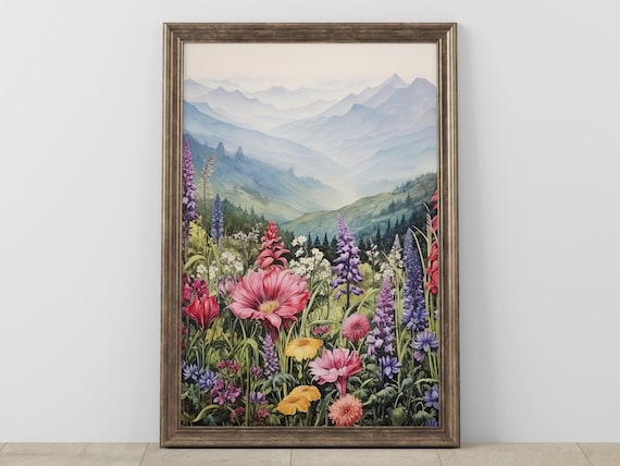 Scenic Mountain Landscape Print Floral Valley Wall Art Nature Inspired Home Decor Rustic Botanical Illustration Poster