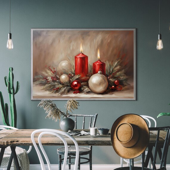 Red Candles Ornaments Christmas Still Life Oil Painting Wall Art