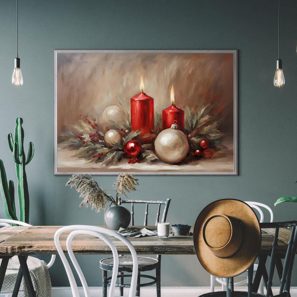 Red Candles Ornaments Christmas Still Life Oil Painting Wall Art
