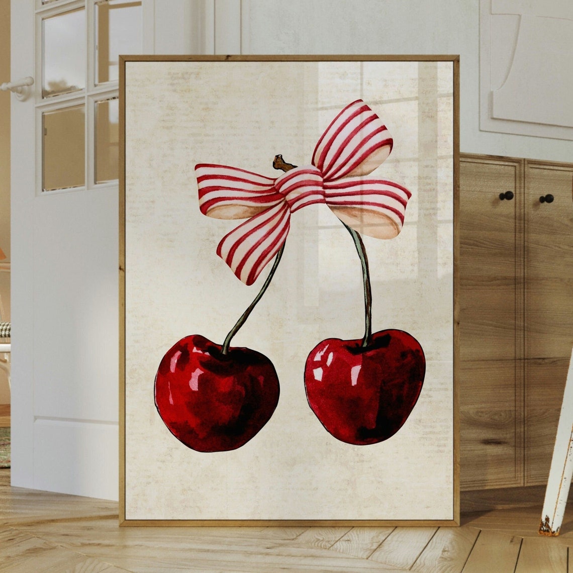 Cute Red Cherries Striped Bow Watercolor Coquette Kitchen Poster - Image 3