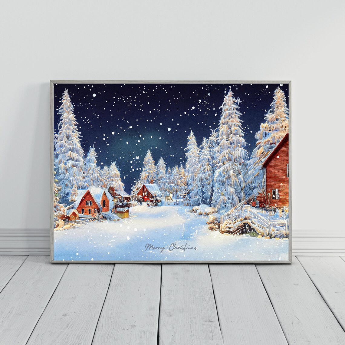 Winter Village Watercolor Poster, Holiday Landscape