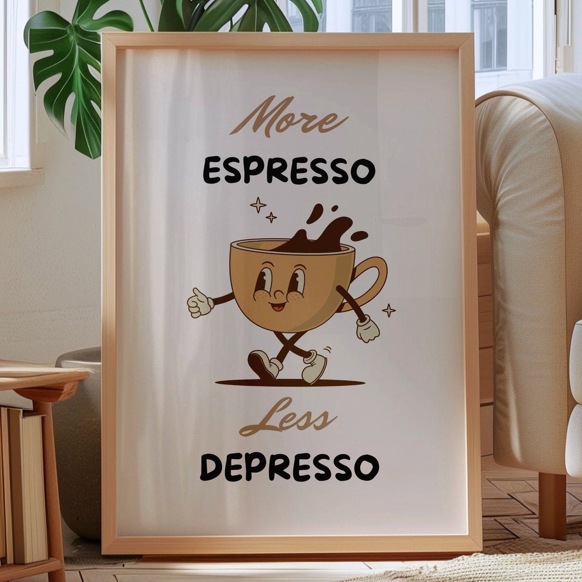 More Espresso Less Depresso Cute Vintage Coffee Mascot Print - Image 3