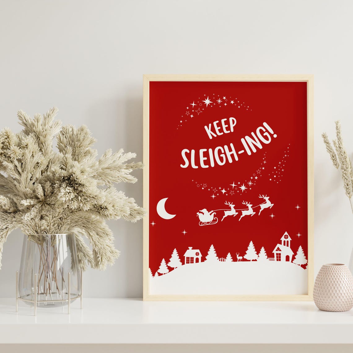 Keep Sleighing Santa Sleigh Red Silhouette Night Christmas Poster