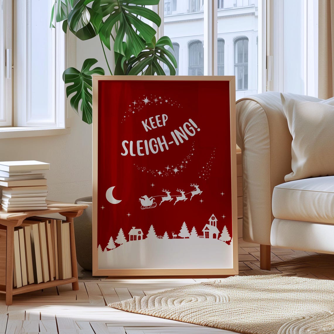 Keep Sleighing Santa Sleigh Red Silhouette Night Christmas Poster - Image 2