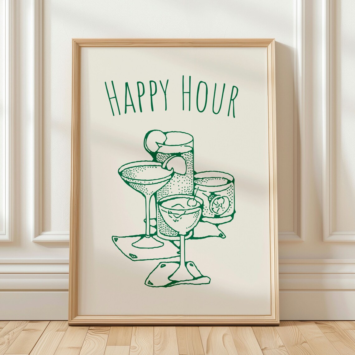Happy Hour Trendy Green Cocktail Line Drawing Bar Cart Print