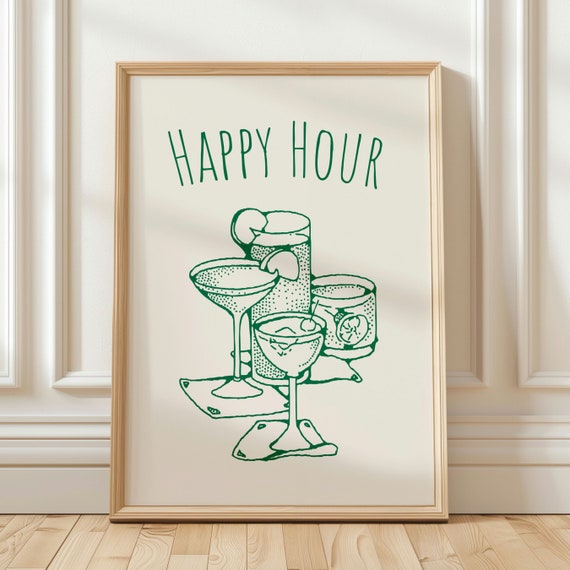 Happy Hour Print Green Bar Cart Wall Art Cute Drinks Poster Aesthetic Bar Cart Decor Minimalist Kitchen Wall Print