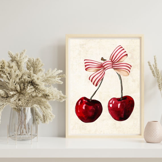 Cherry Wall Art Print Coquette Red Bow Feminine Poster Girl Bedroom Decor Trendy Wall Art Preppy College Apartment Print