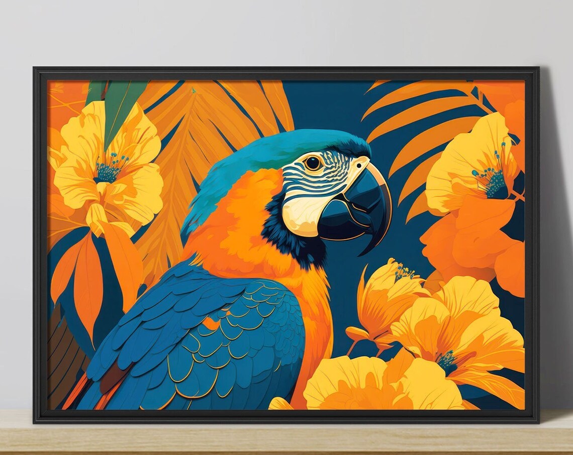 Blue And Gold Macaw Close Up Poster Vibrant Orange Floral Art
