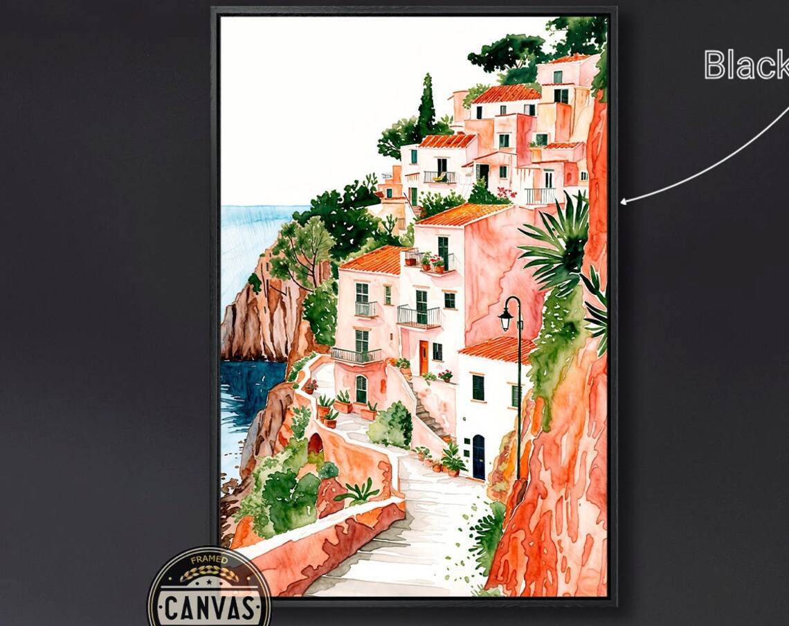 Sunny Mediterranean Coastal Village Cliff Watercolor Travel Poster