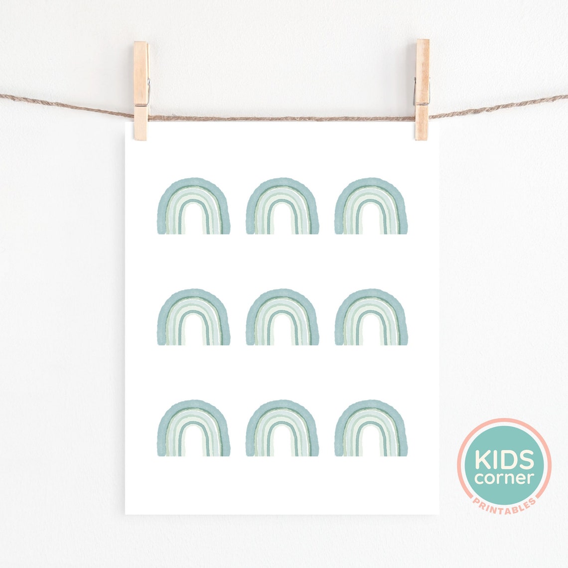 Teal Watercolor Rainbow Grid Soft Boho Nursery Kids Decor Poster - Image 2