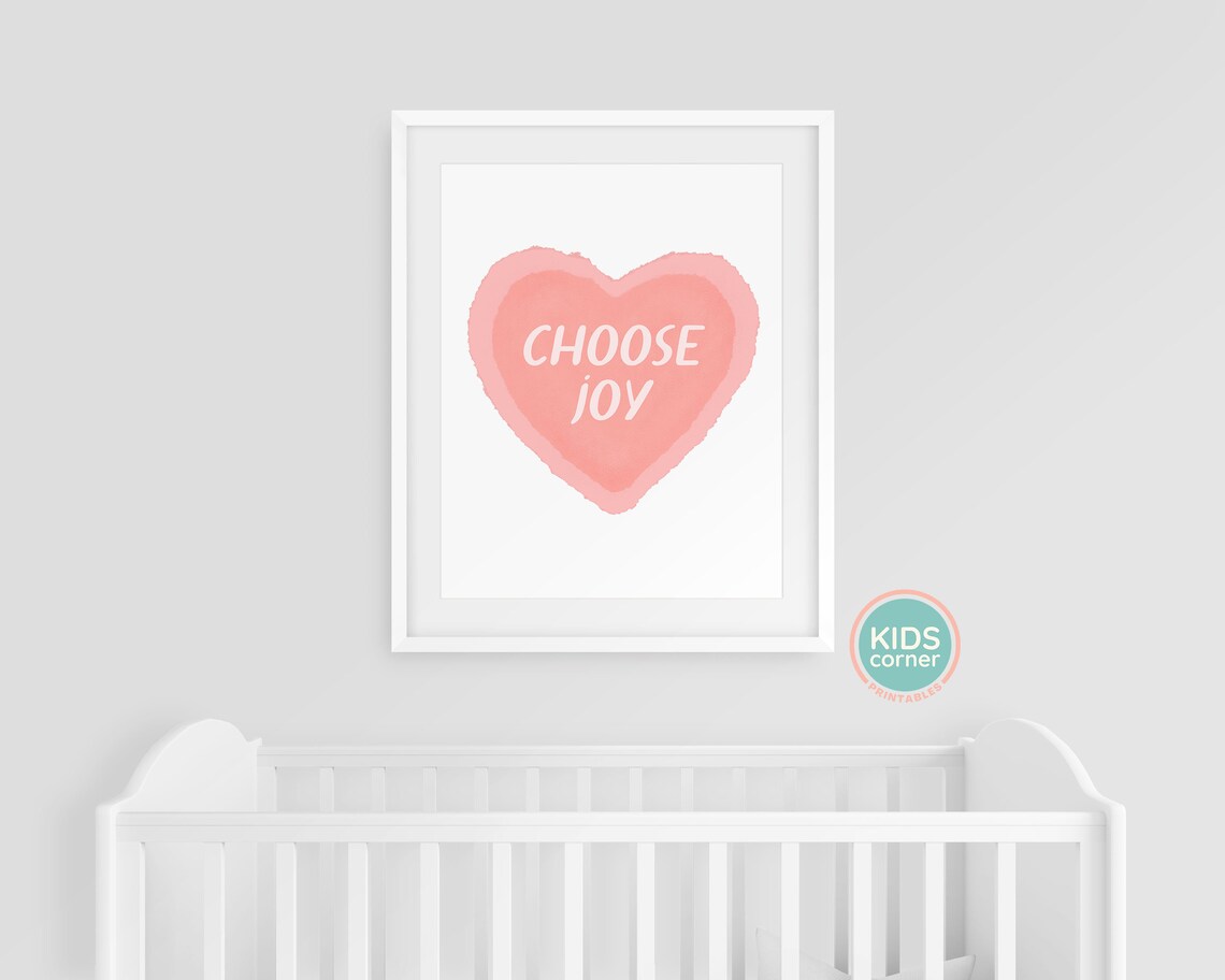 Choose Joy Blush Pink Watercolor Heart Kids Room Nursery Poster - Image 3