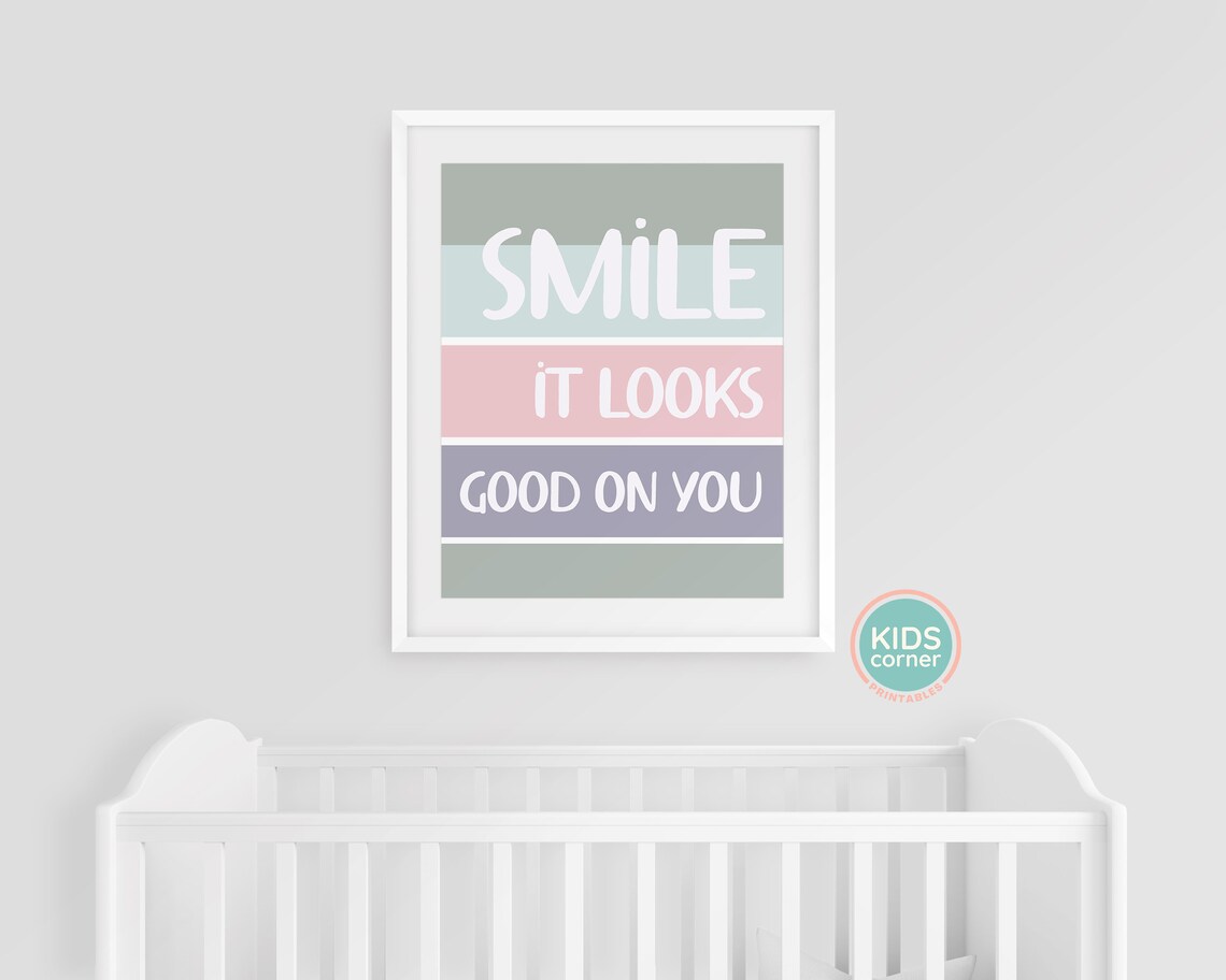 Smile It Looks Good On You Sage Green Stripes Kids Quote Poster - Image 3